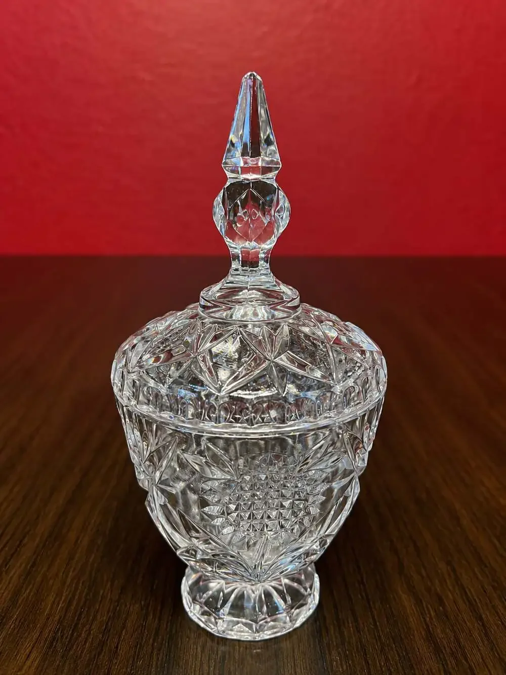 Vintage Footed Cut Lead Crystal Lidded Candy Dish with Pinwheel and Hobstar Desi